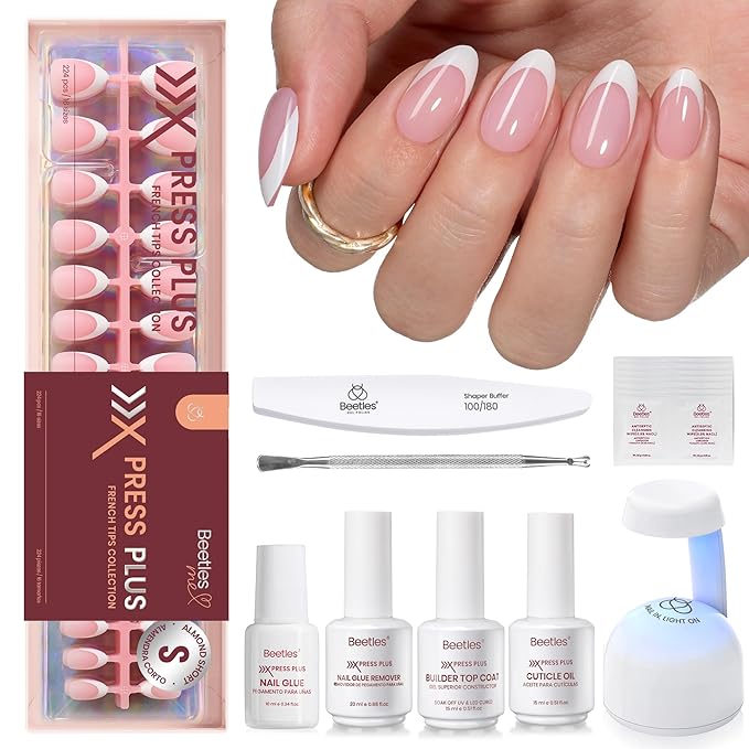 Beetles X Press Kit Gel Nail Kit, Press On Nails Short Almond Kit with 224Pcs French Nail Tips Nail Glue & Remover Builder Top Coat Mini Nail Lamp All-in-One DIY Nail Kit Gift for Women