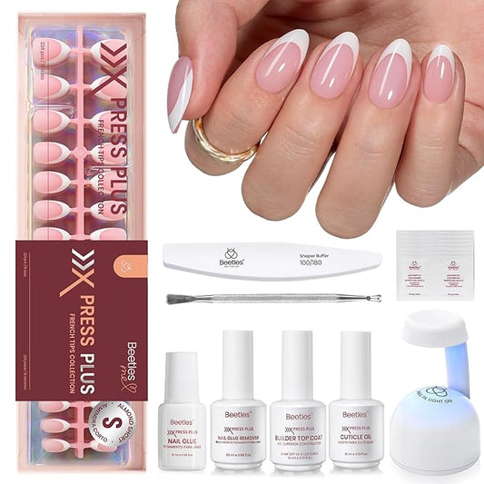 Beetles X Press Kit Gel Nail Kit, Press On Nails Short Almond Kit with 224Pcs French Nail Tips Nail Glue & Remover Builder Top Coat Mini Nail Lamp All-in-One DIY Nail Kit Gift for Women