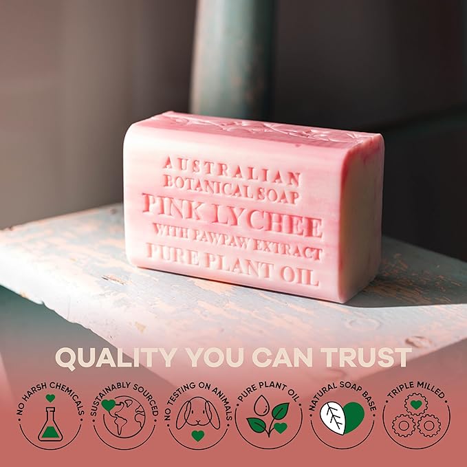 Australian Botanical Soap, 6.6 OZ, Pink Lychee and Pawpaw Extract, Triple Milled Bars made with a Natural Soap Base and Enriched with Organic Shea Butter, Pack of 8