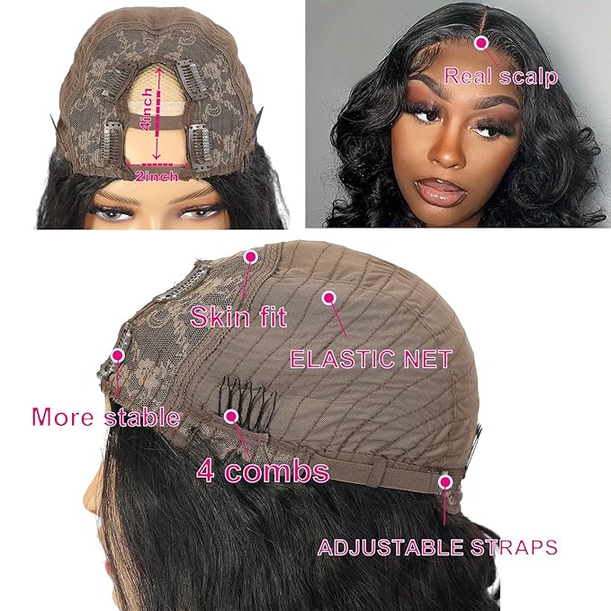 U Part Human Hair Wig Body Wave U Part Wig Human Hair for Black Women Glueless Wigs Human Hair Clip Upgrade Natural Hair Wig Beginner Friendly Middle Part 180% Density 28inch