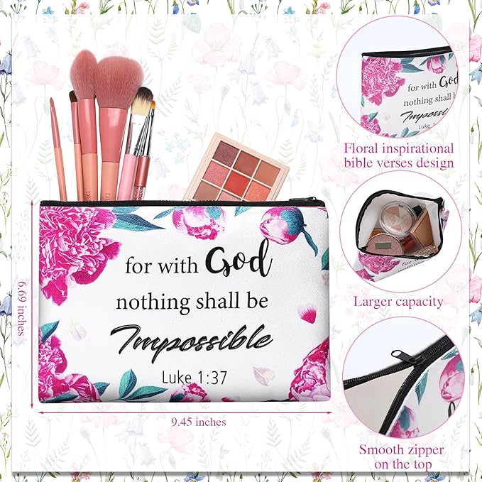 24 Pcs Christian Makeup Bag Bible Cosmetic Bags Inspirational Bible Verse Toiletry Pouches Canvas Motivational Pouches with Zipper for Women Organize Cosmetics Toiletries Stationery(Floral)