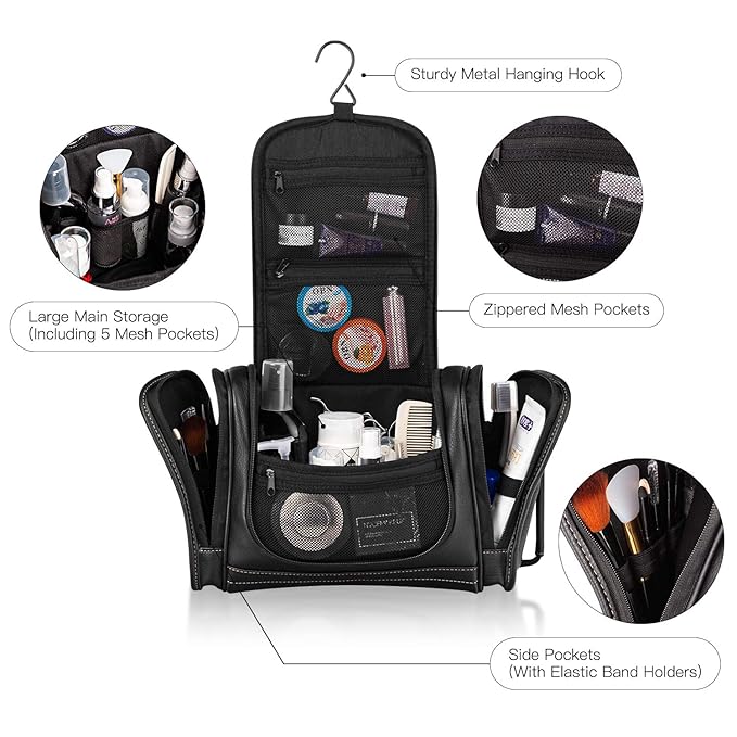 MIRASON Hanging Toiletry Bag for Men Dopp Kit Waterproof Leather Travel Organizer Bag with Sturdy Metal Hook and Handle for Bathroom Shower Cosmetics Camping Gift for Men (Black)