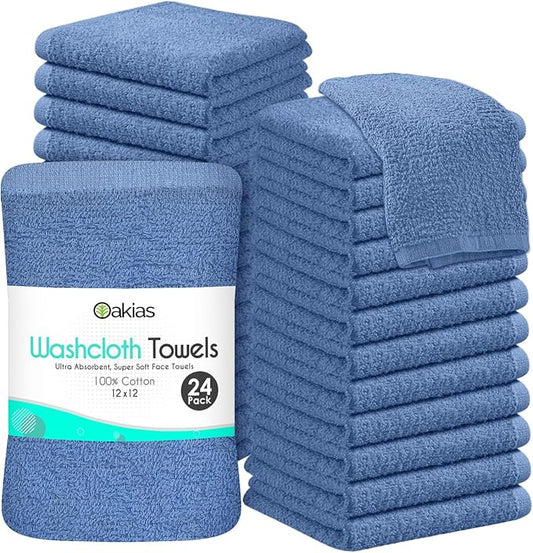 Oakias 100% Cotton Wash Cloths 24 Pack Blue - 12 x 12 Inches Ring Spun Cotton Facial Towels - Highly Absorbent Quick Dry Spa Towels - Bulk Washcloths Ideal for Scrubbing and Cleaning