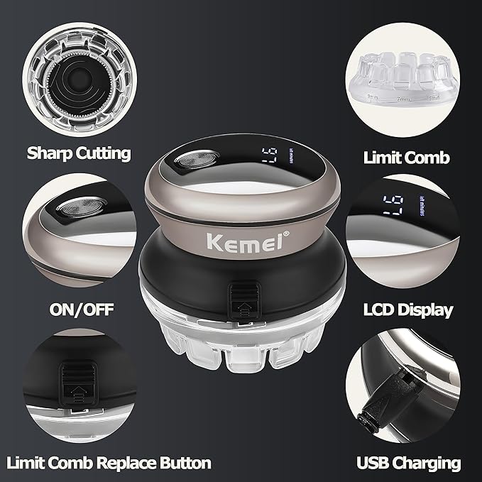 KEMEI Professional Hair Clippers for Men, Automatic Circular Hair Trimmer, Cordless Self-Haircut Kit with LED Display, KM-887 Silvery
