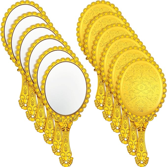 Qunclay 12 Pcs Vintage Handheld Mirror, 9.8" L x 4.5" W Small Gold Embossed Portable Princess Mirror for Classroom Kids Princess Party Favors Travel