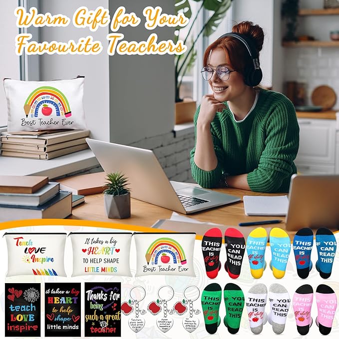 24 Pieces Women Teacher Appreciation Thank You Gift Set, Socks, Makeup Bags, Inspirational Notepads, Keychains for Christmas(Stylish)