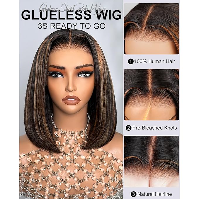 Arabella Hair 12inch 6x6 Ready to Go Glueless Wig Human Hair 1B/30 Highlight Bob Wig Real 210% Density 12a Straight Bob Wigs Human Hair Pre Cut Lace Pre Bleached Tiny Knots