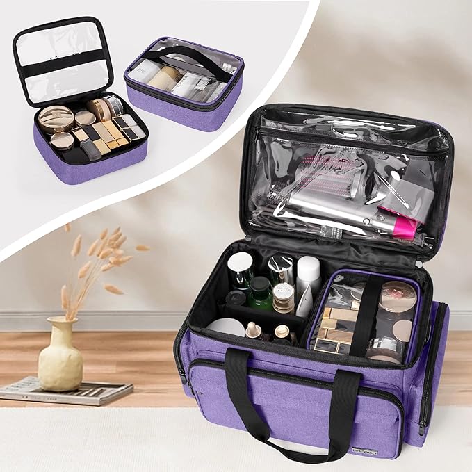 BAFASO Large Makeup Bag with 2 Removable Pouches and Detachable Dividers, Multifunctional Cosmetic Bag to Keep Makeup and Hair Supplies (Patent Pending), Purple
