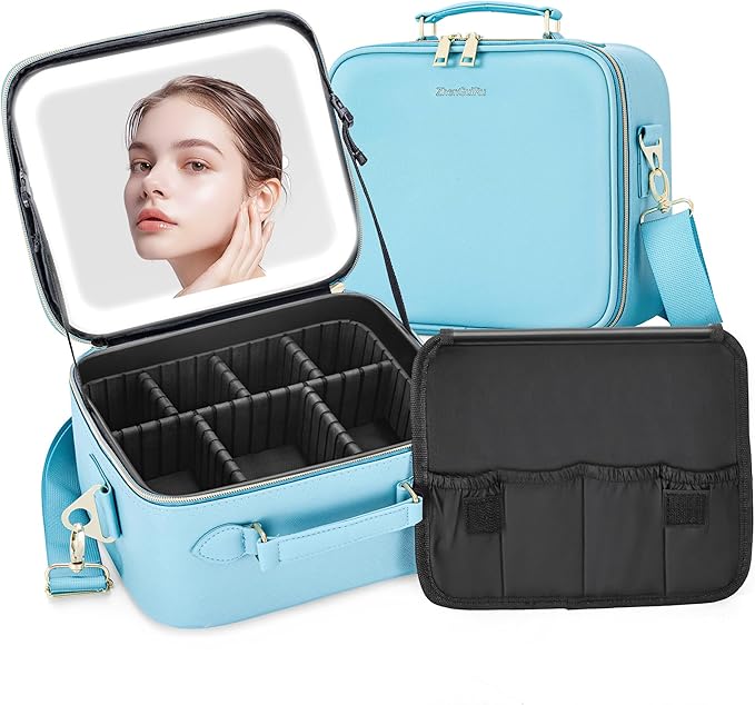 Travel Makeup Bag with LED Mirror, Cosmetic Train Case with Lighted Mirror, Waterproof Makeup Organizer Case for Brush Holder Storage, Travle Toiletry Bag for Women Gift