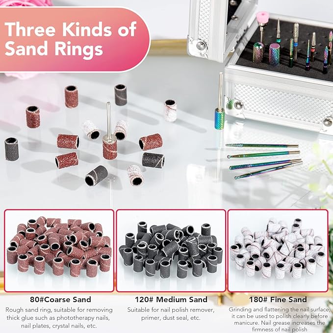 Onism 25Pcs Nail Drill Bits Set - 3/32 Inch Tungsten Carbide Ceramic Nail Bits Kit for Professional Manicure Pedicure Remover for Home Salon Acrylic Gel Nail Polish - With Nail Tool Box, Sanding Bands