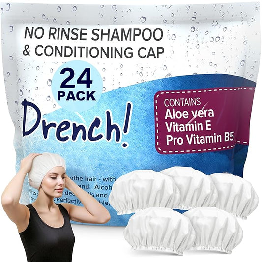 Drench! No Water Rinse Free Shampoo Caps - Waterless Shampoo and Conditioner - Dry Hair Wash Caps for Elderly Care - Dementia products for elderly - Pack of 24