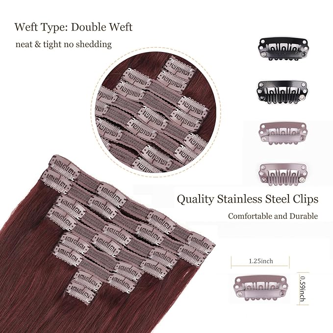 Clip in Real Human Hair Extensions,120g #99j Wine Red Full Head 14inch 8pcs 20clips Straight Human Hair Clip In Extensions for Women Burgundy Red Hair Extensions