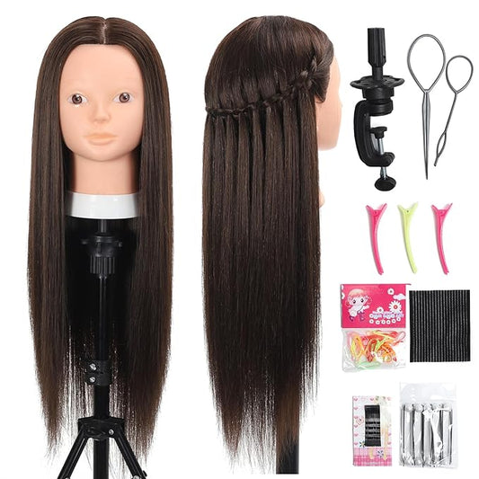 26 Inch Mannequin Head 80% Real Human Hair Styling Hair Mannequin Head Human Hair to Practice Hair and Makeup Hairdresser Head With Free Clamp (#4 No Makeup)