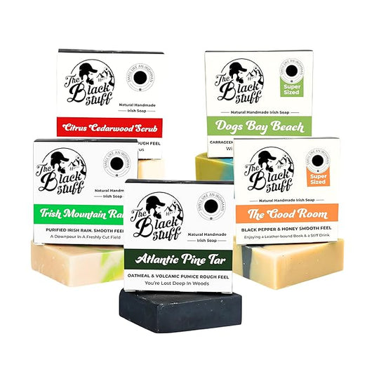 All Natural Bar Soap for Men Handmade Cold Process with Organic Ingredients and Essential Oils Mens Soap - Pine Tar, Citrus Cedarwood, Irish Mountain Rain, Good Room, Dogs Bay Beach Pack of 5