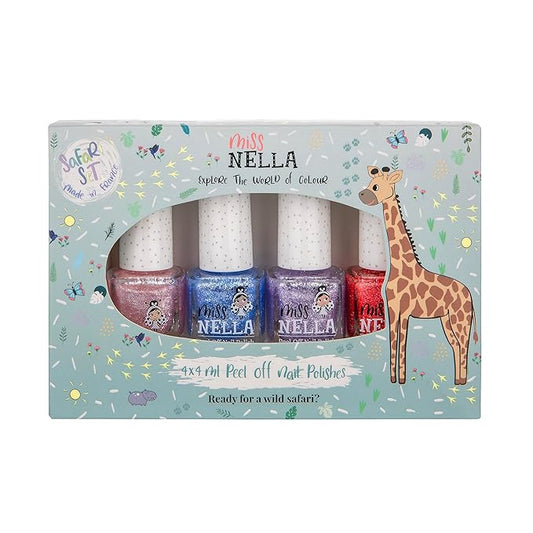 MISS NELLA SAFARI COLLECTION Glitter Nail Polish for kids, set of 4 glitter varnishes: pink, red, purple & blue, Peel- Off varnish for toddlers