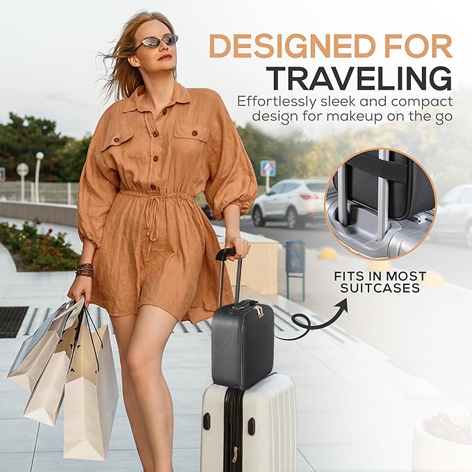 Makeup Bag Detachable LED Mirror With Stand 3 Adjustable Brightness 5x Zoom LED Travel Mirror Portable Cosmetics Case Brush Holder Organizer Adjustable Dividers Faux Leather Waterproof Gift