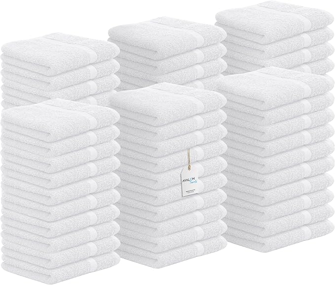 Avalon Towels Cotton Washcloths – (Pack of 60) Size 12x12 Inches, 100% Ring Spun Cotton, Soft & Absorbent Face Towels, Gym Towels, Hotel and Spa Quality, Reusable Fingertip Towels (White)
