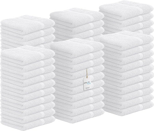 Avalon Towels Cotton Washcloths – (Pack of 60) Size 12x12 Inches, 100% Ring Spun Cotton, Soft & Absorbent Face Towels, Gym Towels, Hotel and Spa Quality, Reusable Fingertip Towels (White)