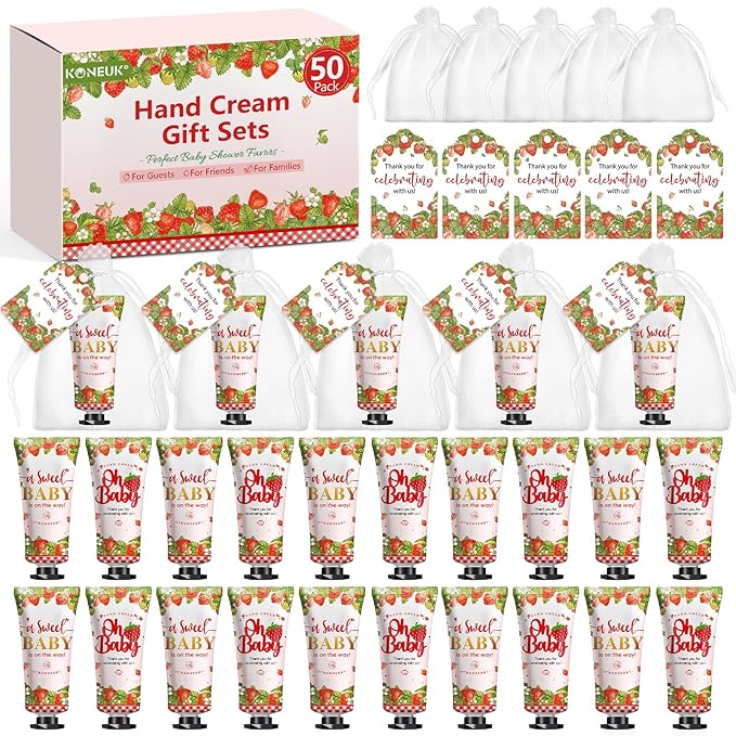 50 Pack Bulk Hand Cream Gifts Sets, Baby Shower Favors and Bridal Shower Favors for Guests with Thank You Card and Organza Gift Bags, Appreciation Gifts, Wedding Party Favors (Strawberry)