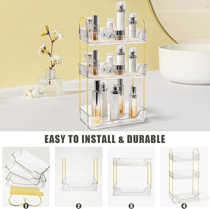 Bathroom Counter Organizer Countertop Storage Skincare Countertop Makeup Organizer Cosmetics Skincare Organizers Holder for Perfume-Clear-Golden Pole-3 Tier
