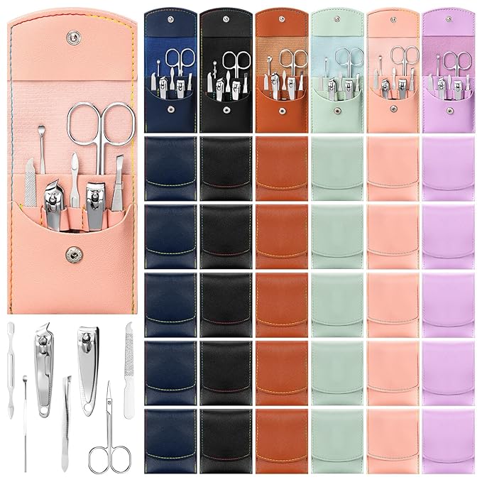 30 Set Manicure Kit Bulk Nail Clippers Kit 7 in 1 Mini Nail Clippers Stainless Steel Professional Nail Care Pedicure Kit with Travel Bag Grooming Kit for Valentine Women Men Home(Retro Color,Stylish)