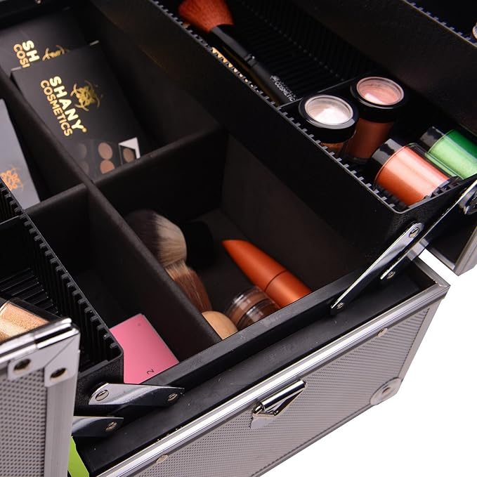 SHANY Essential Pro Makeup Train Case Cosmetic Box Portable Makeup Case Cosmetics Beauty Organizer Jewelry storage with Locks, Multi Compartments Makeup Box and Shoulder Strap - Silver