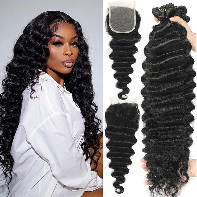 Loose Deep Wave 3 Bundles with 4x4 HD Lace Closure 16 18 20+14 Inch 100% Unprocessed Remy Brazilian Hair Wet and Wavy Bundles with Closure Human Hair Natural Black Color for Women