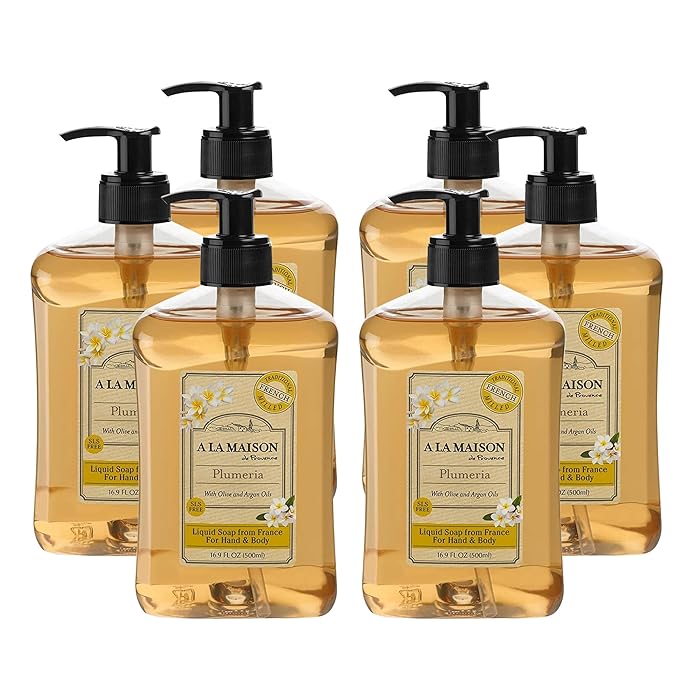 A LA MAISON French Liquid Hand Soap, Plumeria - Natural Hand Wash Made with Essential Oils - Biodegradable, Plant-Based, Vegan, Cruelty-Free, Alcohol & Paraben Free (16.9 oz, 6 Pack)
