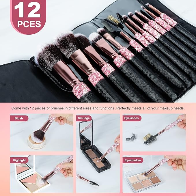 Makeup Brushes Bling Crystal Professional Face Cosmetics Blending Liquid Foundation Powder Concealer Eye Shadows Make Up Beauty Tool Glitter with Pouch Bag Kit Purely Handmade (12PCS) (Pink)