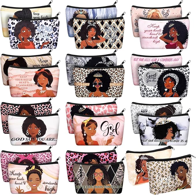 Talltalk 24 Pcs Black African Women Makeup Bag Toiletry Canvas Makeup Bags Zipper Cosmetic Pouch Reusable Multi Purpose Organizer for Mother's Day Inspirational Gifts