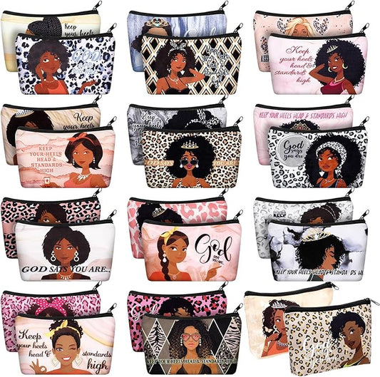 Talltalk 24 Pcs Black African Women Makeup Bag Toiletry Canvas Makeup Bags Zipper Cosmetic Pouch Reusable Multi Purpose Organizer for Mother's Day Inspirational Gifts