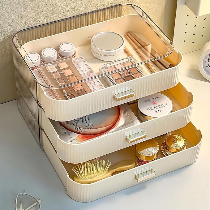 2 Pack Stackable Makeup Organizer with Drawers, Bathroom Storage for Eyeshadow Palettes, Cosmetics, and Beauty Supplies. Ideal for Vanity Counter, Cabinet, Entryway Table, Desk