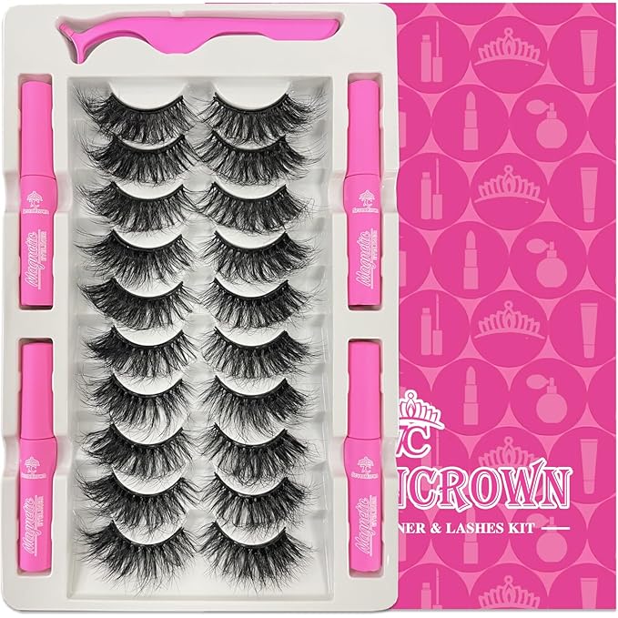 Magnetic Eyelashes with Eyeliner Kit, Fluffy Mink Lashes Cat-Eye Look 18-21MM Wispy Long 8D Luxury Volume Fake Eyelash 10 Pairs Cruelty-Free&Vegan