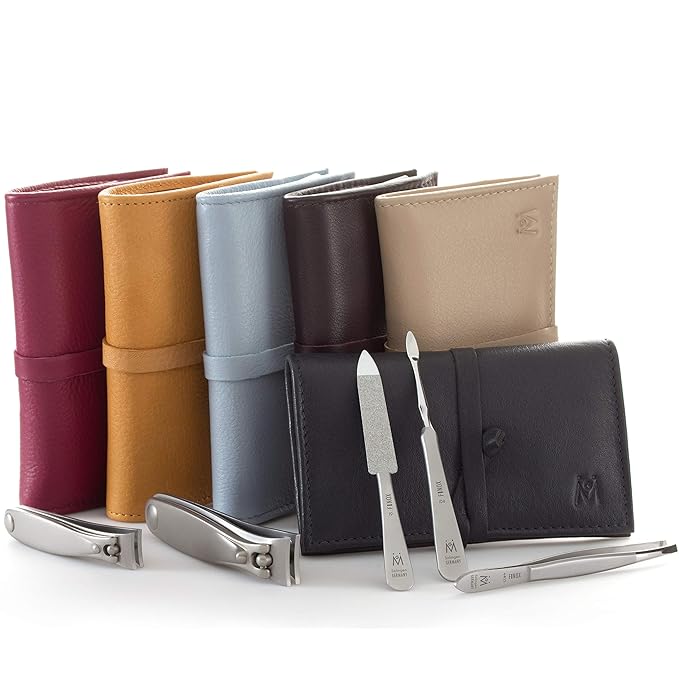 GERMANIKURE 5pc Manicure Set in Light Blue Leather Case - Made in Solingen Germany, FINOX Stainless Steel Tools – Professional Quality Compact Nail Grooming Kit