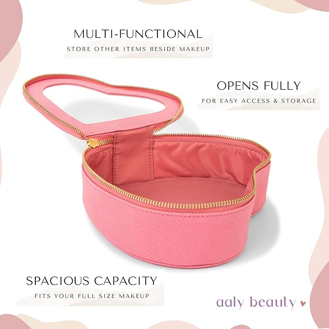 Heart Makeup Bag – Pink Heart Cosmetic Bag with Clear Cover – Gift Ideas for Women, Mom, Girlfriends, Her - Large Capacity for Full Size Makeup, Skincare and Brushes