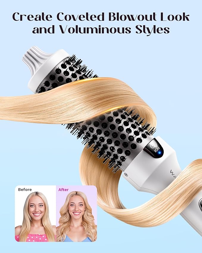 Wavytalk Blowout Boost Thermal Brush, 1.5 inch Heated Round Brush for Blowout Look, Negative Ion Technology, Ceramic Tourmaline, 5 Temperature Settings, Dual Voltage, White
