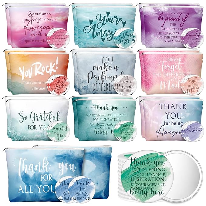20 Pcs Employee Appreciation Gifts 10 Inspirational Canvas Makeup Bags 10 Compact Mirrors Bulk Cosmetic Bags Round Portable Pocket Mirror Thank You Gifts for Women (Appreciation)