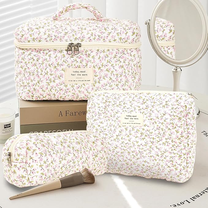 3Pcs Makeup Bag Cotton Quilted Travel Cosmetic Bag Cute Floral Makeup Pouch Large Toiletry Bag for Women Girls (Pink Floral)