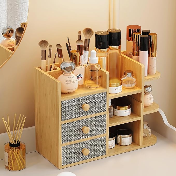 Makeup Organizer Countertop, Cosmetic Skincare Organizers With 3 Makeup Brush Holders/3 Drawers/7 Storage Shelves, Elegant Bamboo Make Up Storage Organizers Holder For Counter Vanity Dresser Bathroom