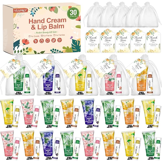 30 Sets Bulk Hand Lotion and Bulk Lip Balm Gifts, Mothers Day Gifts, Bridal Shower Favors and Wedding Favors for Guests with Thank You Card and Organza Bags, Teacher Gifts and Nurse Gifts for Women