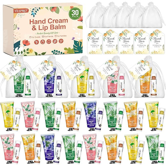 30 Sets Bulk Hand Lotion and Bulk Lip Balm Gifts, Mothers Day Gifts, Bridal Shower Favors and Wedding Favors for Guests with Thank You Card and Organza Bags, Teacher Gifts and Nurse Gifts for Women