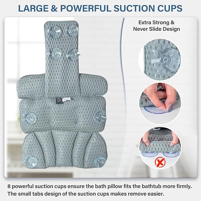 Bath Pillow Bathtub Pillow for Tub Luxury Bath Tub Pillows for Tub Neck and Back Support with 4D Air Mesh Fabric and 8 Strong Powerfull Non-Slip Suction Cups Relaxing Bath Accessories Spa Gifts, Grey