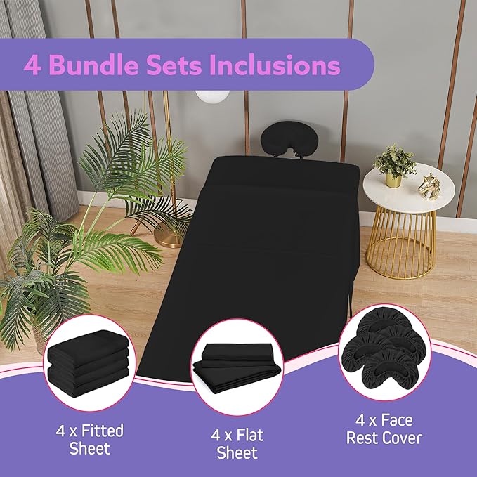 Massage Table Sheets Sets – 4 Set Bundle, 120GSM Double Brushed Microfiber, Premium Massage Sheets Sets, Spa Bed Sheets for Esthetician, Wrinkle & Oil Resistant, Black