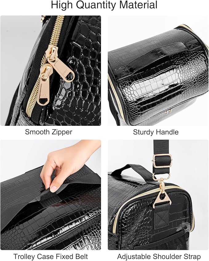 Travel Makeup Bag, Tattoo Case with 4 Inner Removable Pouches, Professional Makeup Artist Bag Travel Organizer Box with Adjustable Dividers (Medium, Black)