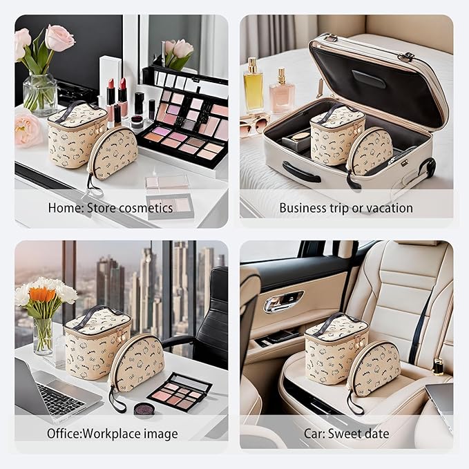 AmBealla Make up Bag Travel Cosmetic Bags Brush Holder Zipper Pouch Case Organizer Cute Organizer Suitable for Purse for Women (Beige 2PCS)