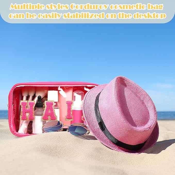 Pinkunn 4 Pcs Preppy Makeup Bags Christmas Chenille Letter Bag Face Skin Hair Stuff Cosmetic Bag Corduroy Makeup Pouch with Zipper Birthday Gifts for Women(Warm Color)