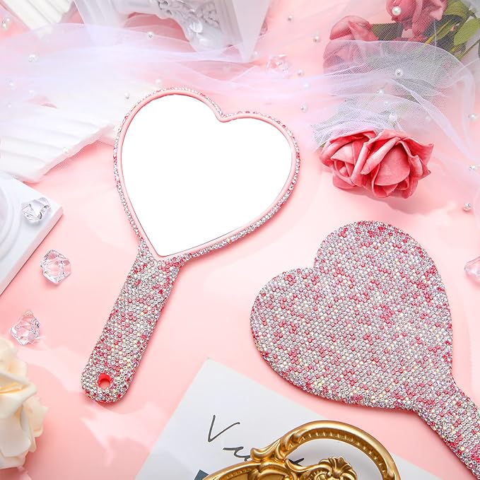Sintuff 2 Pcs 8.85 Inch Bling Rhinestone Handheld Mirror Dazzling Adorable Heart Shaped with Handle Decorative Cosmetic Glitter Makeup Hand Mirror for Women Girls Bride Wedding Gifts(Pink)