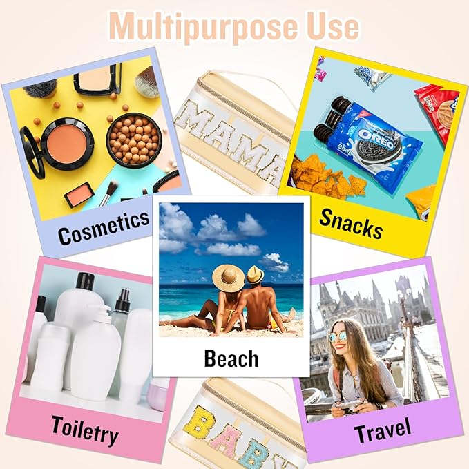 2 Pcs Chenille Letter Clear Makeup Bags Mama Baby Pouch, Preppy Patch Makeup Bag Mama Baby Hospital Duffle Bag Zipper with Handle, Travel Baby Toiletry Bag Nylon Cosmetic Handbag for Women(MAMA+BABY)