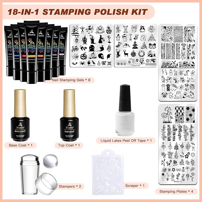 SEISSO 8 Colors Nail Stamping Polish Gels Nail Stamper Kit + 4pcs Nail Stamp Templates + 1 Peel Off Nail Tape Stamp Latex Bose Coat & Top Coat with Scraper Flower Holiday Art Design Gift DIY Manicure