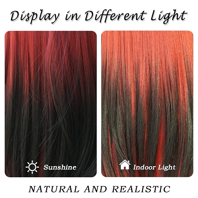 7JHH WIGS Long Wavy Wig Red and Black Layered Wig with Curtain Bangs, Synthetic High Density Heat Resistant Hair Straight Wig ends dyed black for Daily Party 25 Inches